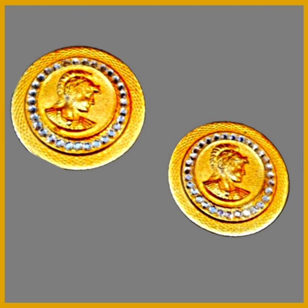 Dubin Rhinestone & Gold Roman Byzantine Etruscan Coin Earrings